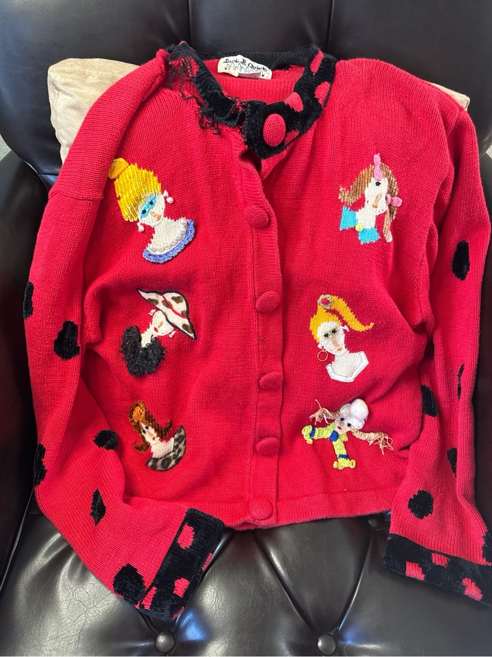 VTG Jack B Quick Whimsical Art Portrait Cardigan Red Sz Large - DIY PROJECT